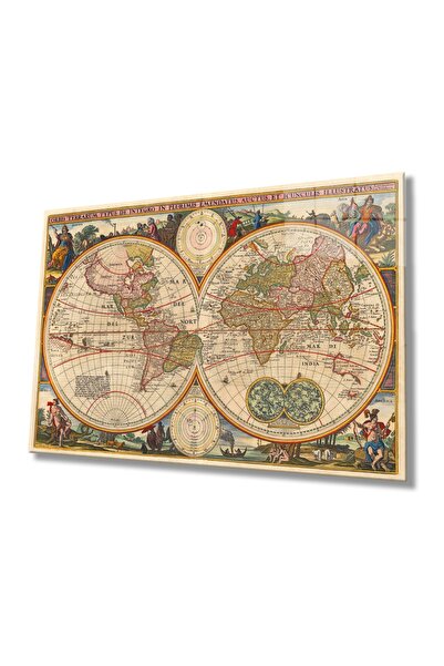 Rosyvien Tablou din sticlă cu hartă a lumii cu detalii vechi, decor de perete...