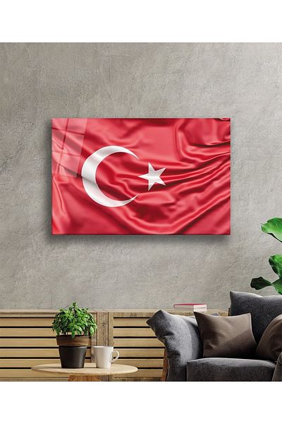 Rosyvien Red Wavy Turkish Flag Glass Painting, Home, Office and School Wall Decoration, Gift, Tempered Glass