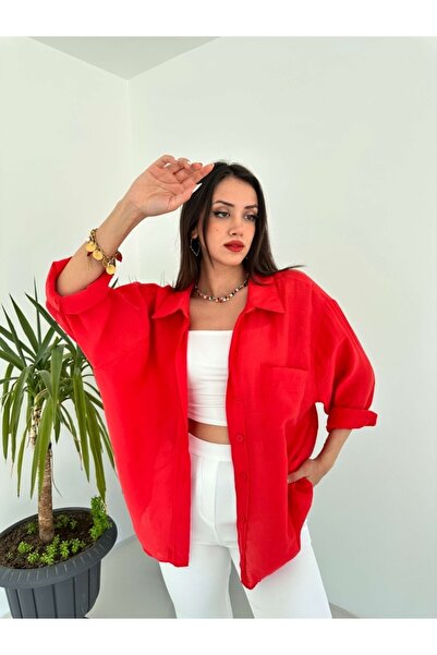 Elif Özbey Butik Kırmızı Düşük Omuz Oversize Gömlek