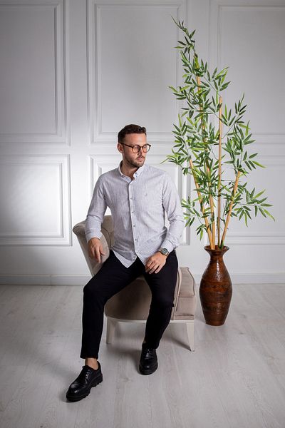 Sarar İnterview Sarar Goias Slim Fit Dark Gray White Striped Linen Shirt