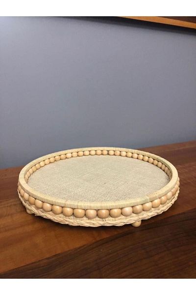 Almisu Decorative Varnished Natural Raffia Wicker Tray Bathroom, Kitchen Decorative Tray 30 cm