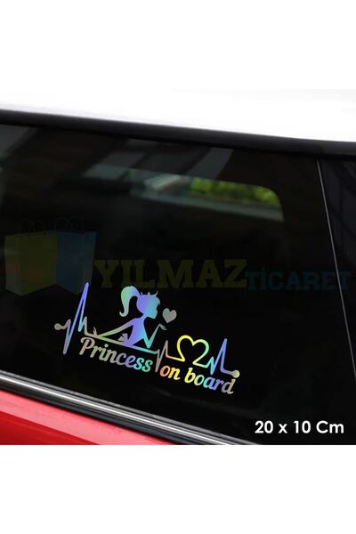 yılmazetic Arabada Prenses Var Kalp Ritim Renkli Hologram Oto Araba Sticker Yapıştırma Etiket 20 X 10 Cm