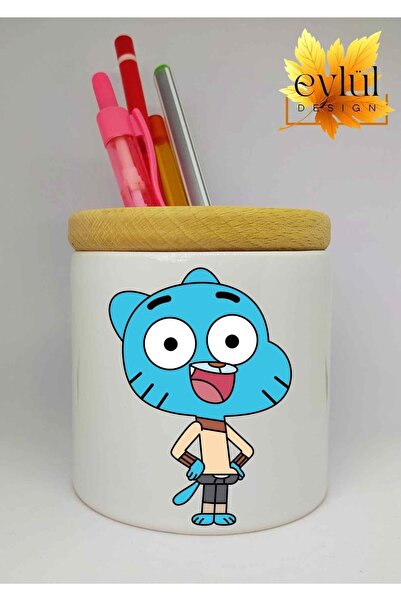 Eylül Design Gumball Baskılı Seramik Kalemlik Ahşap Detaylı Makyaj Fırça Kutu...