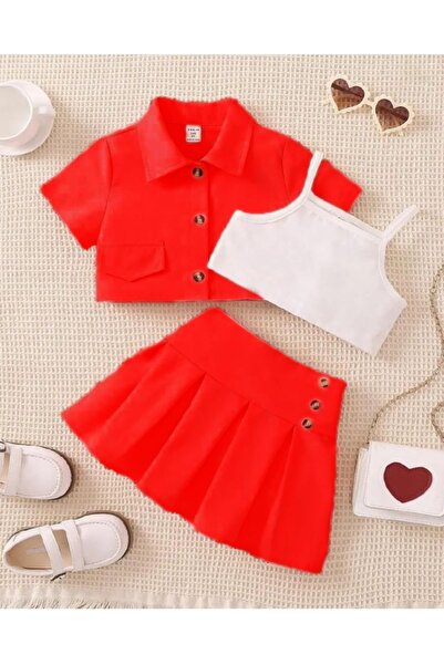 EsareModa Girl's Jacket Crop Skirt Buckle Set Skirted Suit 4 Pieces