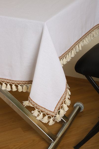 NDC HOME White Cotton Linen Stripe Pompom Tablecloth