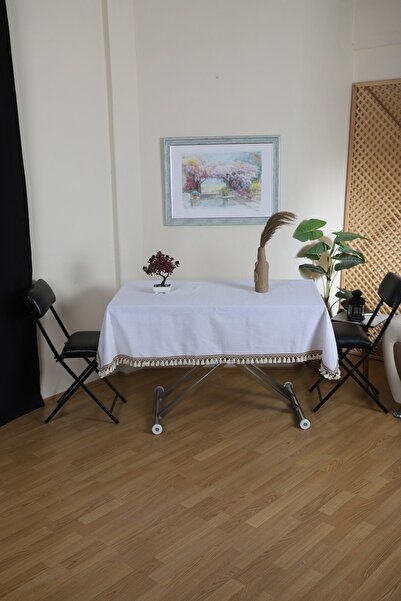 NDC HOME White Cotton Linen Stripe Pompom Tablecloth