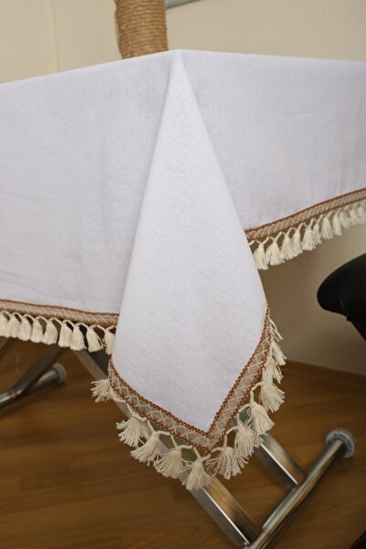 NDC HOME White Cotton Linen Stripe Pompom Tablecloth