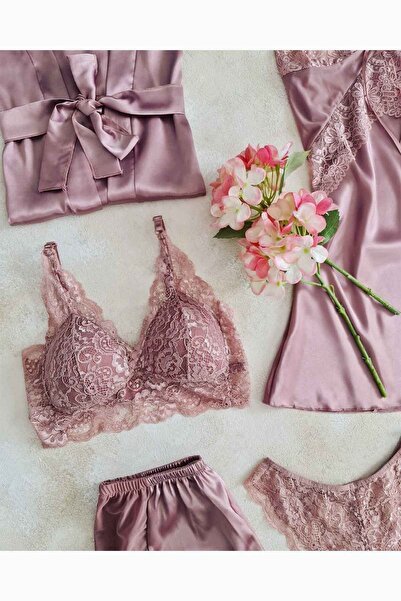Çeyize dair herşey Σετ προίκας 6 τεμαχίων αποξηραμένο ροζ σατέν - Πρωινές τουαλέτες και σορτς 6105