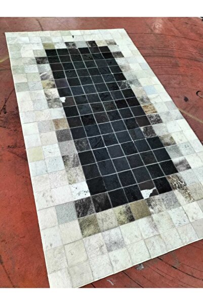Victory Leather Carpet Patchwork Kareli Dana Derisi Halı Siyah Beyaz Gri