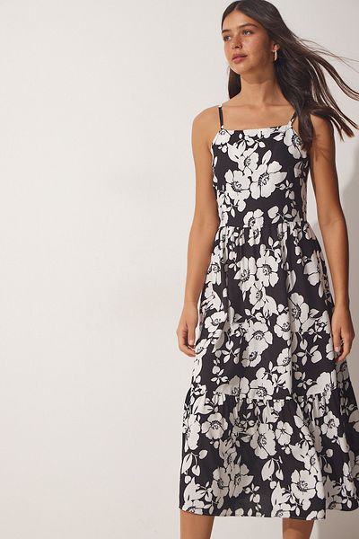 Happiness İstanbul Women's Black and White Halter Neck Summer Viscose Dress YU00001
