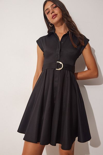 Happiness İstanbul Women's Black Belted Summer A-Line Dress FN03060