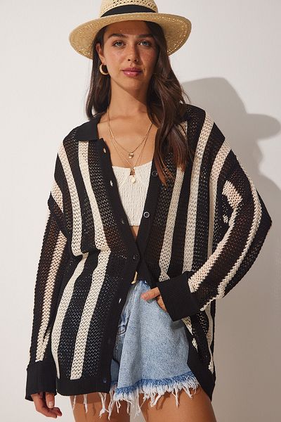 Happiness İstanbul Women's Bone Black Striped Openwork Seasonal Knitwear Cardigan US00910