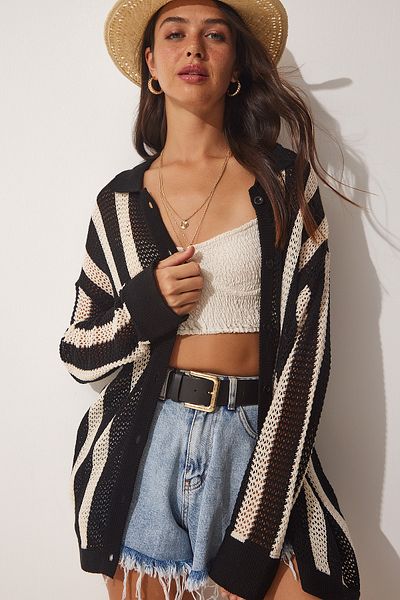 Happiness İstanbul Women's Bone Black Striped Openwork Seasonal Knitwear Cardigan US00910