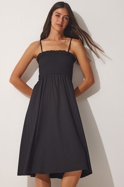 Happiness İstanbul Rochie neagră de vară cu volane cu bretele pentru femei DD01228