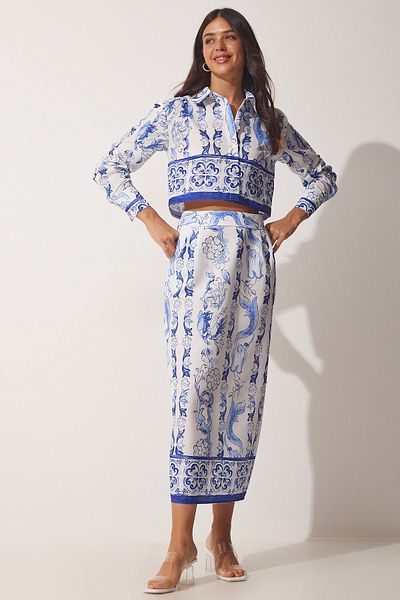 Happiness İstanbul Women's Blue White Summer Poplin Shirt Skirt Set FN03057