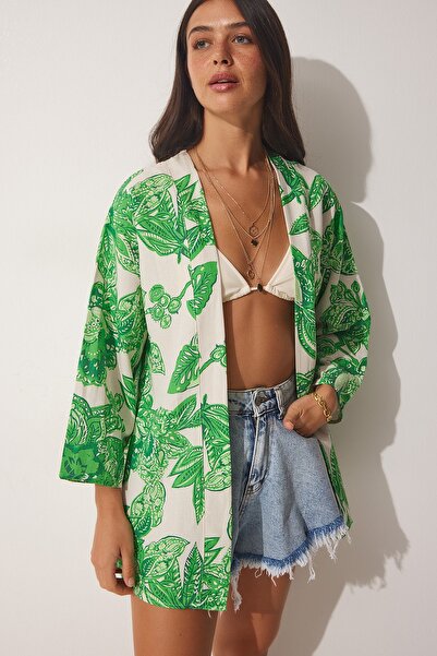 Happiness İstanbul Dámské zelené béžové vzorované plátěné viskózové kimono BH00381