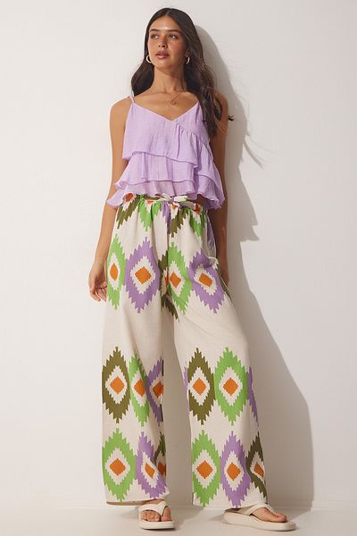 Happiness İstanbul Women's Green Cream Floral Linen Palazzo Trousers BH00385