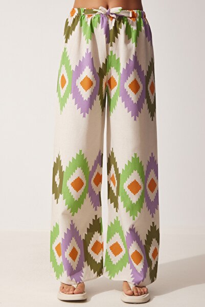 Happiness İstanbul Dámské zelené krémové květinové plátěné kalhoty Palazzo BH00385