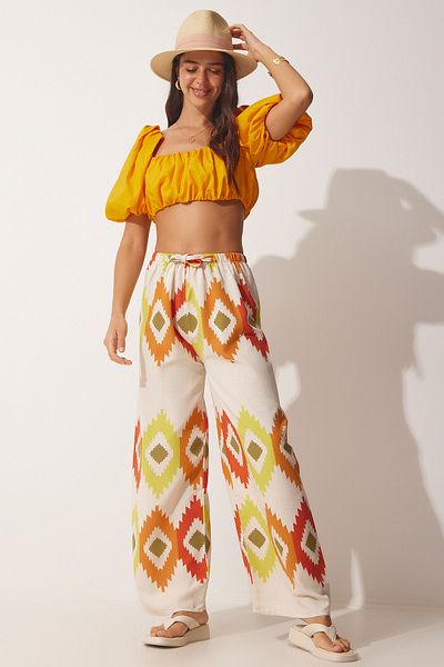 Happiness İstanbul Women's Yellow Cream Floral Linen Palazzo Trousers BH00385