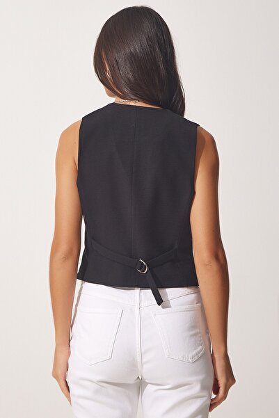 Happiness İstanbul Women's Black V-Neck Stylish Ayrobin Vest TO00067
