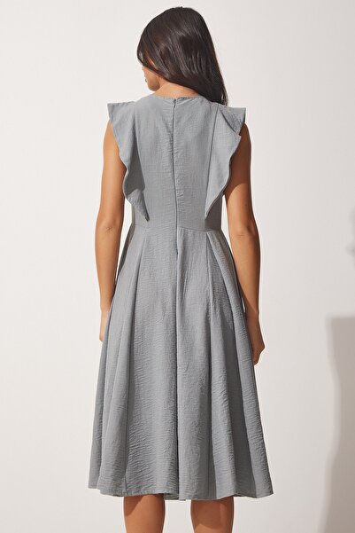 Happiness İstanbul Dámské šedé letní lněné šaty TO00066