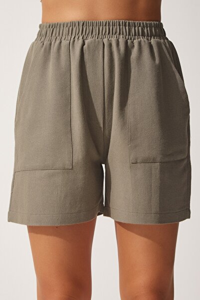 Happiness İstanbul Dámské khaki bermudy s širokými kapsami BV00068