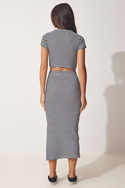 Happiness İstanbul Női fekete-fehér nyári Saran kötöttáru kötött blúz szoknya szett MW00123