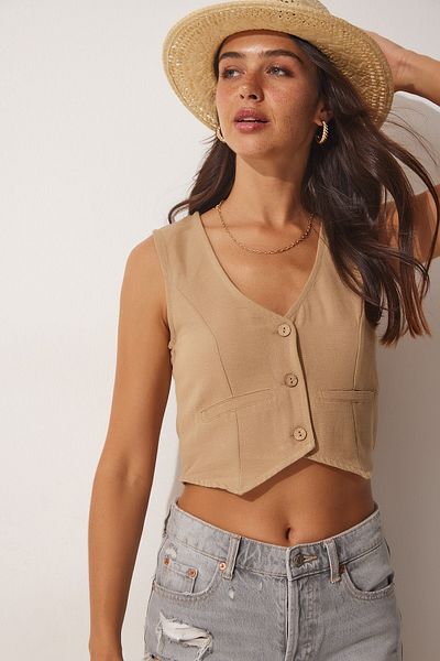Happiness İstanbul Women's Biscuit V-Neck Linen Vest HF00436