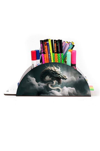 kutuTR Wooden Vip Dragon And Dinosaur Series Rainbow Ruled Desktop Pen Holder Organizer Assembled Boxed