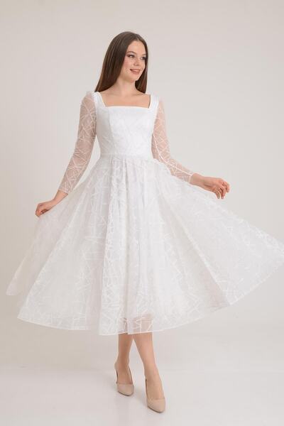 SpringStore Ekru Kare Yaka Midi Boy Abiye Elbise