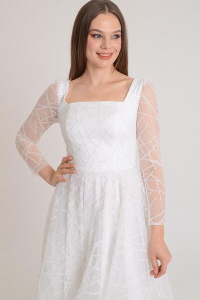 SpringStore Ekru Kare Yaka Midi Boy Abiye Elbise