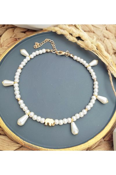 HALHALMILL Anklet with Glass Pearl and Elephant Apparatus