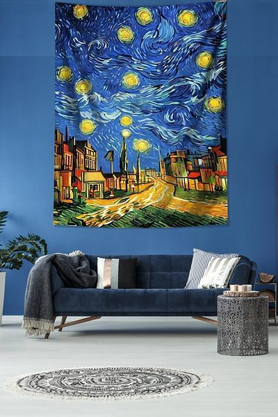 on the clouds Starry Nights Village Houses Van Gogh Stain Resistant Fabric Wall Cloth Wall Tapestry Tapestry