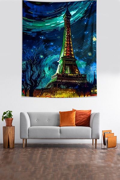 on the clouds Noapte înstelată Van Gogh și Turnul Eiffel Tapiserie de perete din țesătură rezistentă la pete