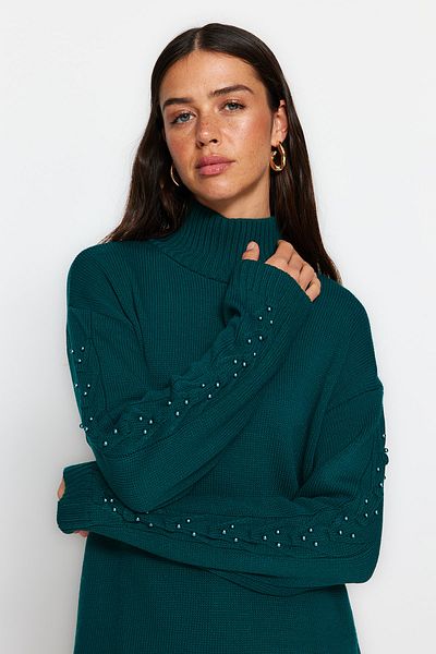 Trendyol Modest Sötétzöld ujjú Pearl részletes kötöttáru pulóver TCTAW24AK00129