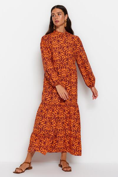 Trendyol Modest Narancssárga mintás félzáras, széles szabású pamut szőtt ruha TCTSS23EB00222