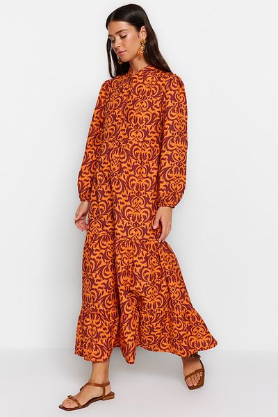 Trendyol Modest Orange gemustertes Kleid aus gewebter Baumwolle mit halber Knopfleiste und weiter Passform TCTSS23EB00222