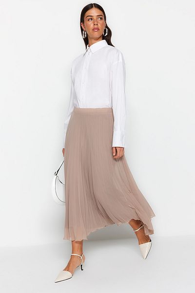Trendyol Modest Bézs redős, rugalmas derékrész, bélelt szőtt sifon szoknya TCTSS23EE00019