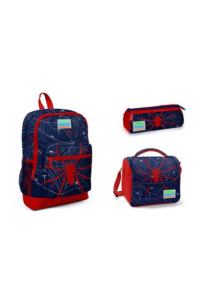 Yaygan Coral High Kids - 3-Piece Navy Blue and Red Spider Pattern Backpack Set