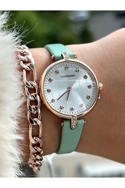 Chaperone Marka Su Yeşili Renk Deri Kordon, Taşlı Şık Model Kol Saati+bileklik