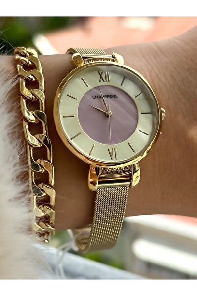 Chaperone Marka Çelik Hasır Kordon, Pembe Renkli Kadran Taşlı Şık Model Kol S...