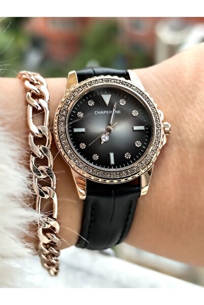 Chaperone Marka Siyah Renk Deri Kordon, Taşlı Şık Model Kol Saati+bileklik