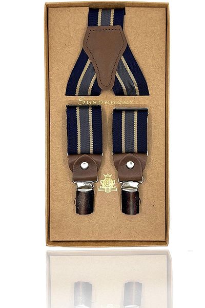 Kravatkolik Navy Blue - Gray Color Leather Connected Men's Trouser Strap Pan251