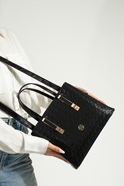 By Hakan Sn 1324 Γυναικεία τσάντα ώμου Τσάντα χειρός 3 θέσεων Κροκόδειλος-μαύρο