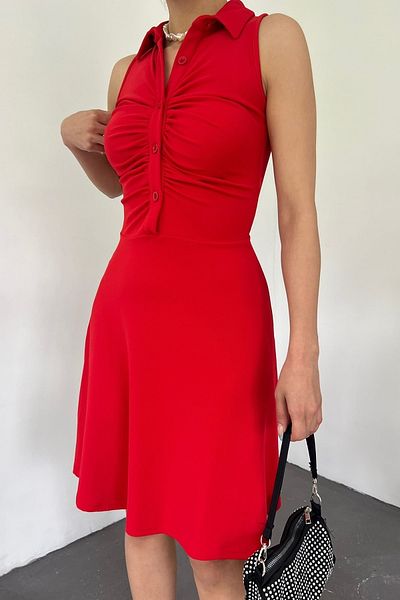 lovebox Women's Flexible Fabric Shirt Collar Ottoman Design Sleeveless Red Evening Dress 5060
