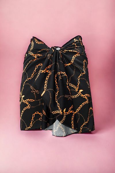 pistore Black Chain Shawl Pattern Patterned Short Pareo Satin No Inner Display Women's Beach Dress New Season