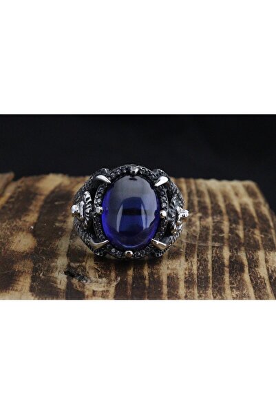 byozcansilver 925 Ayar Pençe Aslan Başlı Safir Taşlı Yüzük