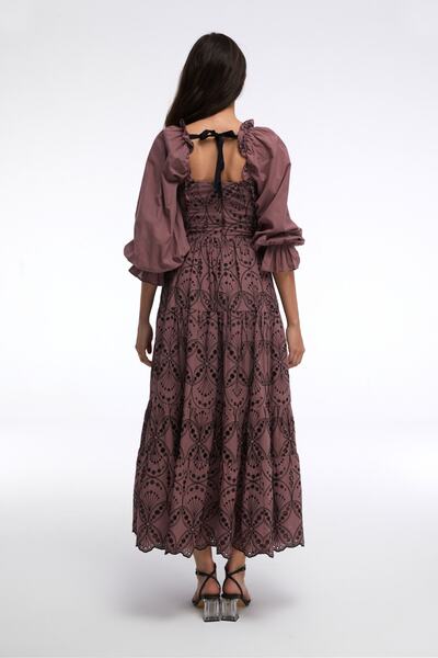 By Mare Style Pure Cotton Long Plum Color Patterned Guipure Dress