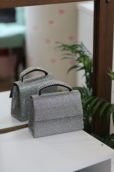 Moom Bag Geantă de umăr pentru rochie de seară, argintie, platină, cu detaliu de fixare