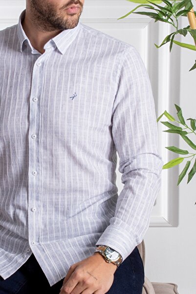 Sarar Cămașă de in albastru închis cu dungi Interview Wraps Artos Slim Fit